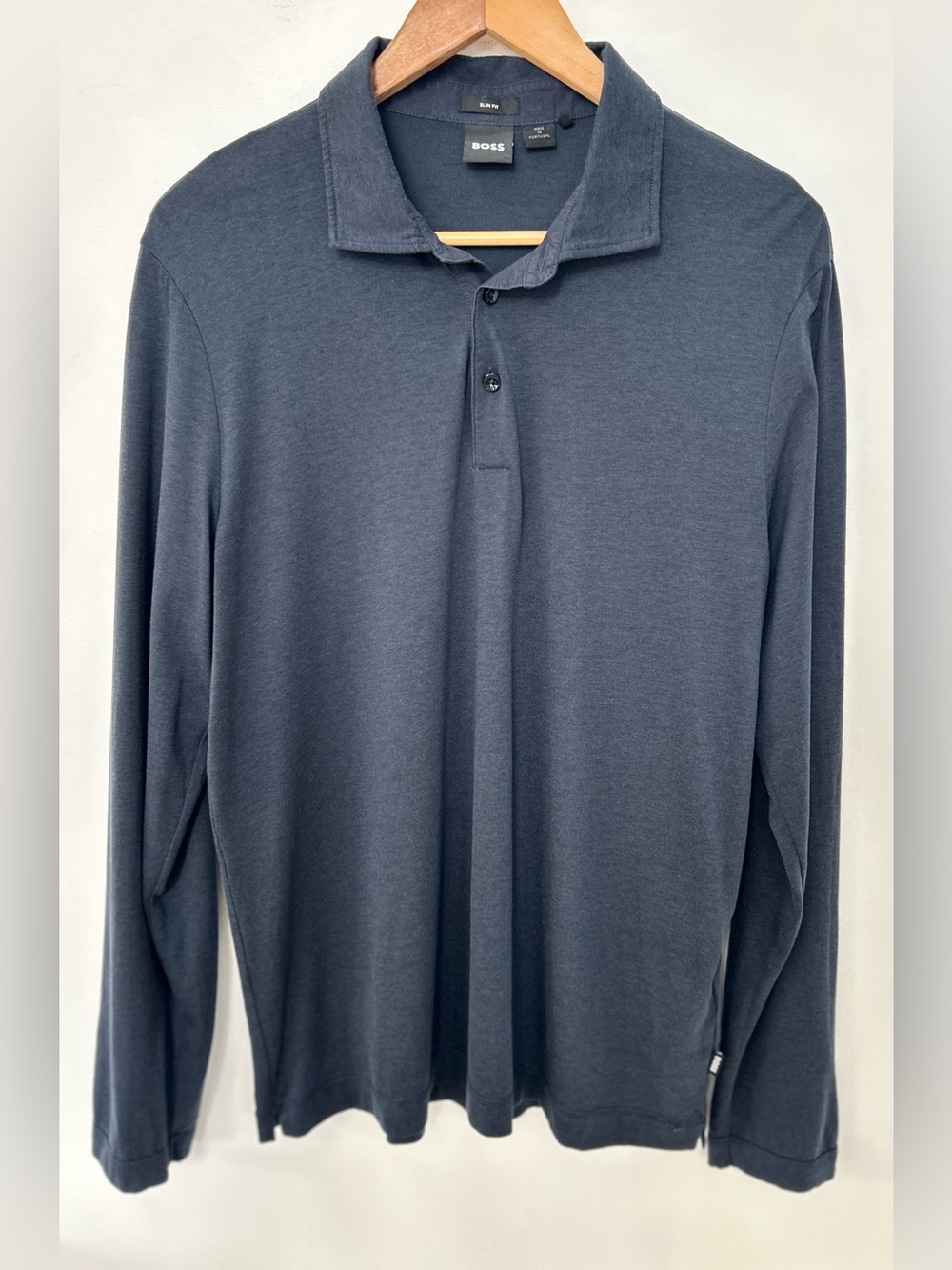 BOSS Hugo Boss Men’s Slim Fit Long Sleeve Polo Large Navy Lyocell Cotton